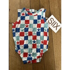 NWT Siix Checkered Romper 0-3 Months Red White Blue Unisex Fourth Of July Stars